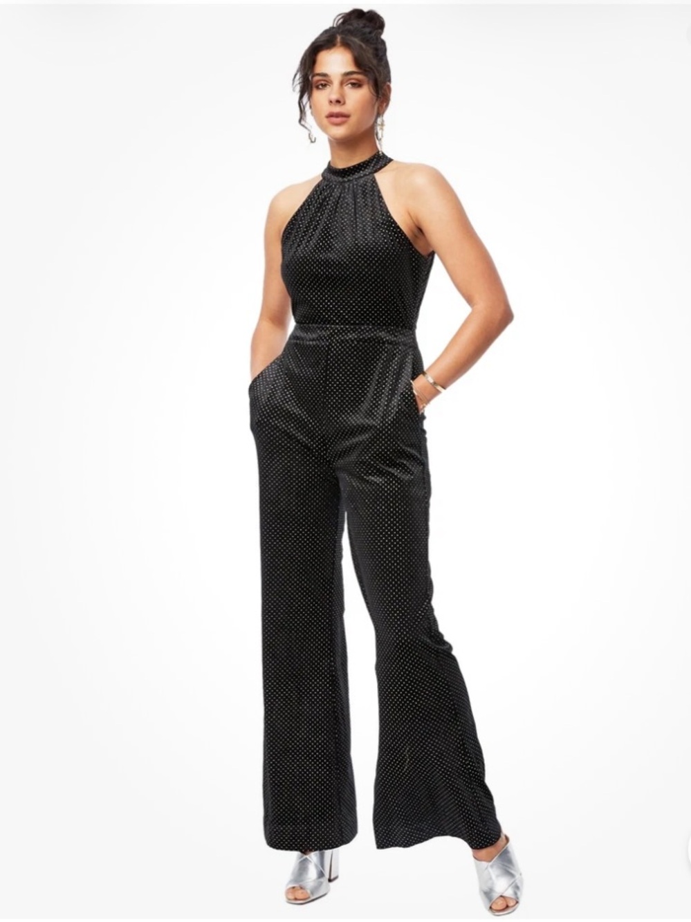 NWT Velvet Black Gold Glitter Wide Leg Halter Jumpsuit Lost + Wander Size Medium
